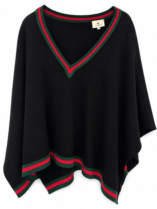 Tuckernuck Sweaters - Tuckernuck OS Black V Neck Poncho Sweater Cape Red Green Trim Preppy Acrylic